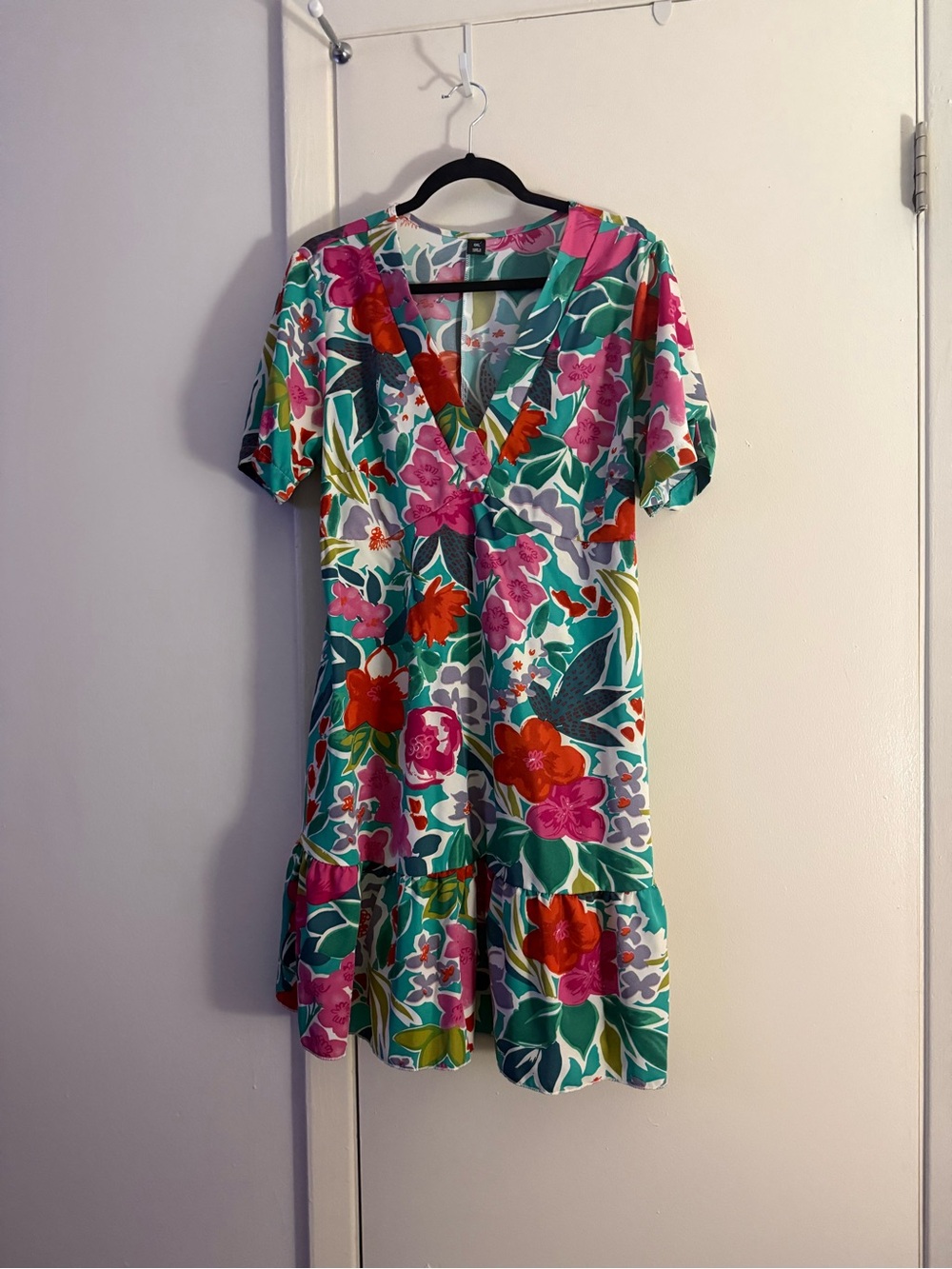 Floral V-Neck Midi Dress in Green & Pink - Picture 2 of 3
